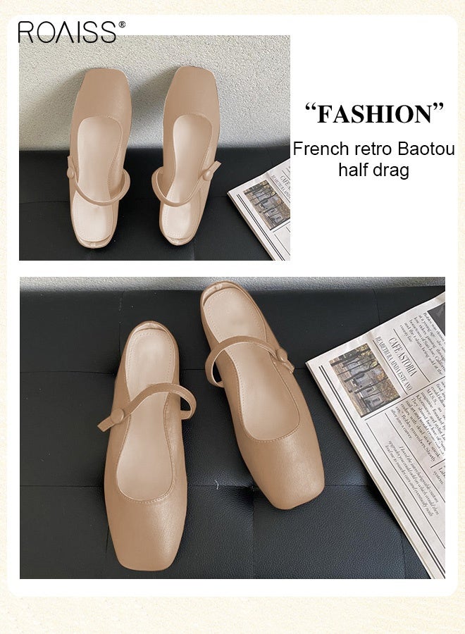 رويس صنادل مسطحة نسائية بتصميم عصري ومتعدد الاستخدامات مع حلقة أصابع القدم، سهلة الارتداء مع مشبك حزام واحد، كلاسيكية وخالدة، صنادل مسطحة نسائية باللون البني - Image 5