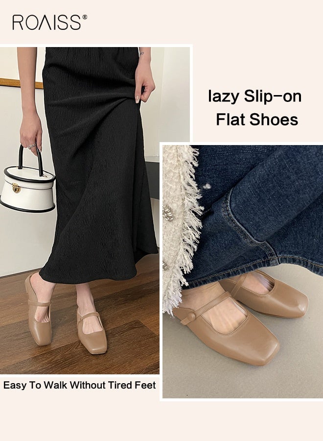 رويس صنادل مسطحة نسائية بتصميم عصري ومتعدد الاستخدامات مع حلقة أصابع القدم، سهلة الارتداء مع مشبك حزام واحد، كلاسيكية وخالدة، صنادل مسطحة نسائية باللون البني - Image 4