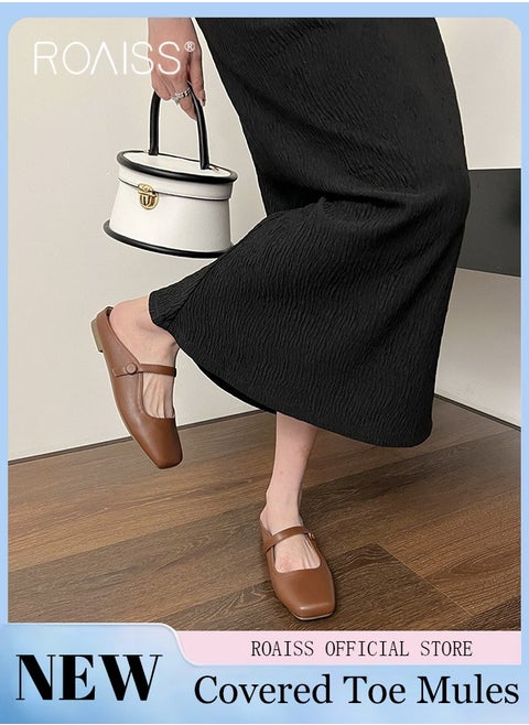 Women Flat Mule Sandals Fashionable and Versatile Toe Loop Design Comfortable Slip-on with Single Strap Buckle Decoration Classic and Timeless Ladies' Flat Mules