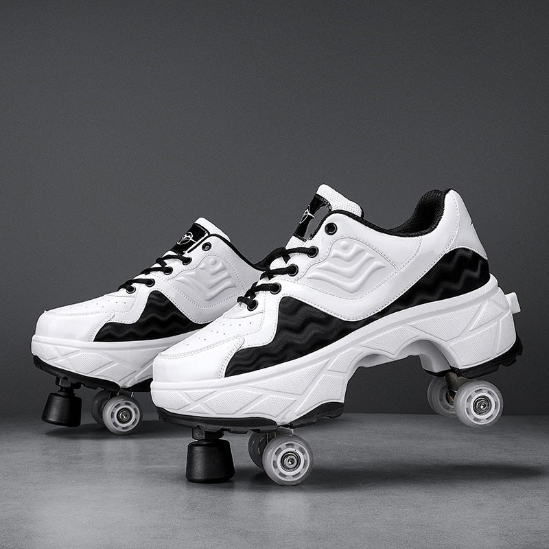 Bibi Fox Children''s Four-Wheel Roller Shoes, Convertible for Adults, Unisex Double-Row Roller Skates, Dual-Use for Walking and Skating, Large Four Wheels - Image 1