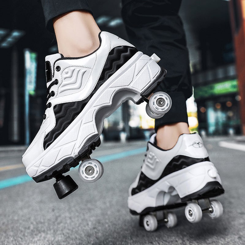 Bibi Fox Children''s Four-Wheel Roller Shoes, Convertible for Adults, Unisex Double-Row Roller Skates, Dual-Use for Walking and Skating, Large Four Wheels - Image 2