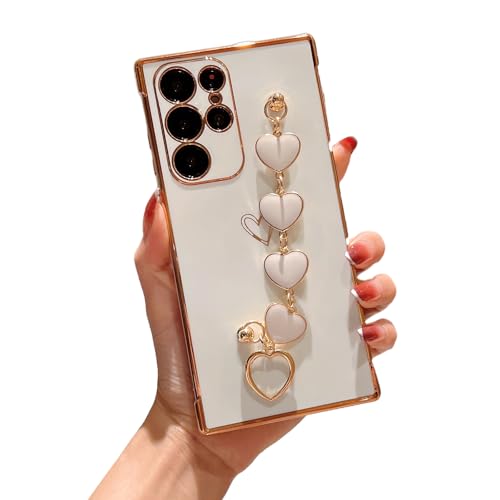 Omio for Galaxy S25 Ultra Cute Case for Women Girls, Luxury Plating Cover with Love-Heart Strap Bracelet Chain Grip Soft Glossy TPU Silicone Slim Phone Cover for Galaxy S25 Ultra White - Image 1