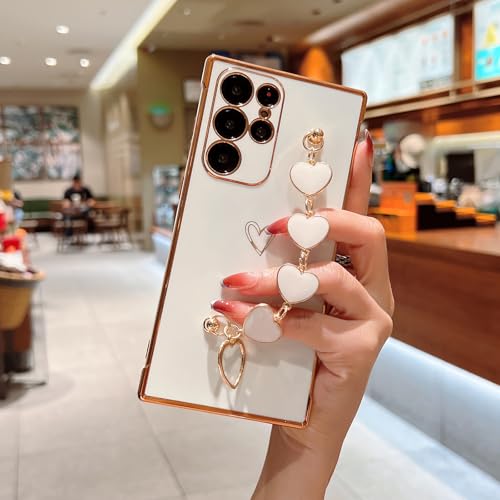 Omio for Galaxy S25 Ultra Cute Case for Women Girls, Luxury Plating Cover with Love-Heart Strap Bracelet Chain Grip Soft Glossy TPU Silicone Slim Phone Cover for Galaxy S25 Ultra White - Image 3
