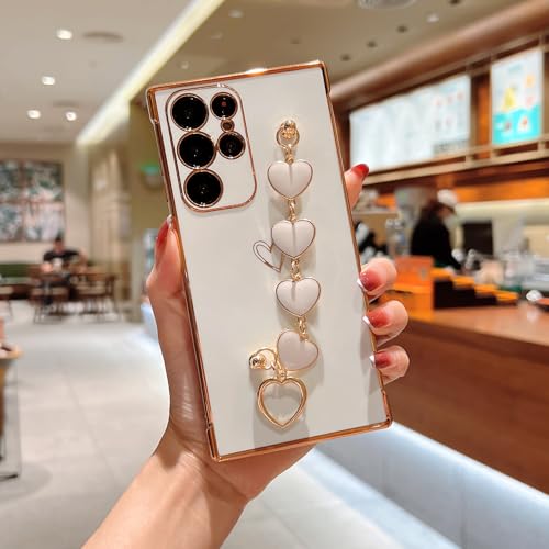 Omio for Galaxy S25 Ultra Cute Case for Women Girls, Luxury Plating Cover with Love-Heart Strap Bracelet Chain Grip Soft Glossy TPU Silicone Slim Phone Cover for Galaxy S25 Ultra White - Image 2