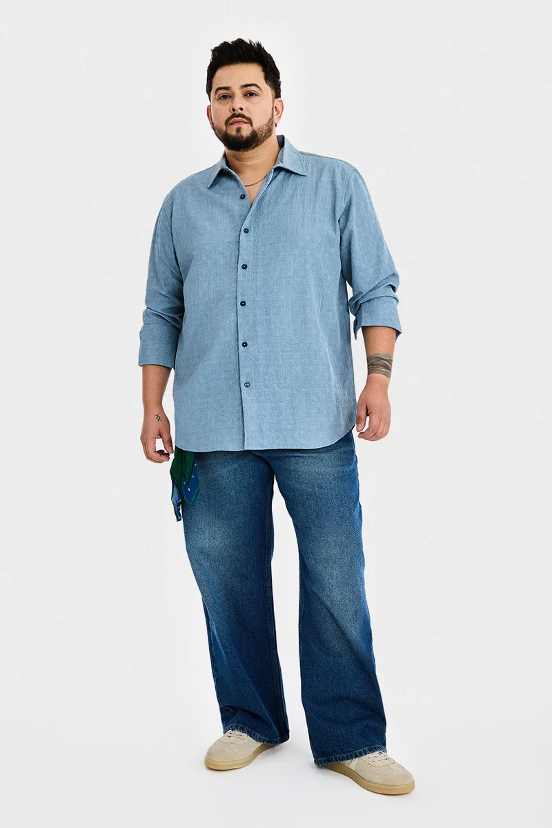 سنيتش Teal Textured Long Sleeve Regular Fit Plus Size Shirt