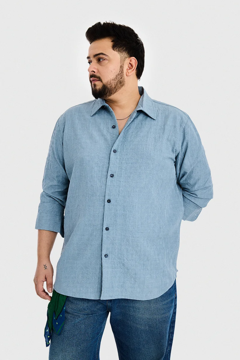 سنيتش Teal Textured Long Sleeve Regular Fit Plus Size Shirt