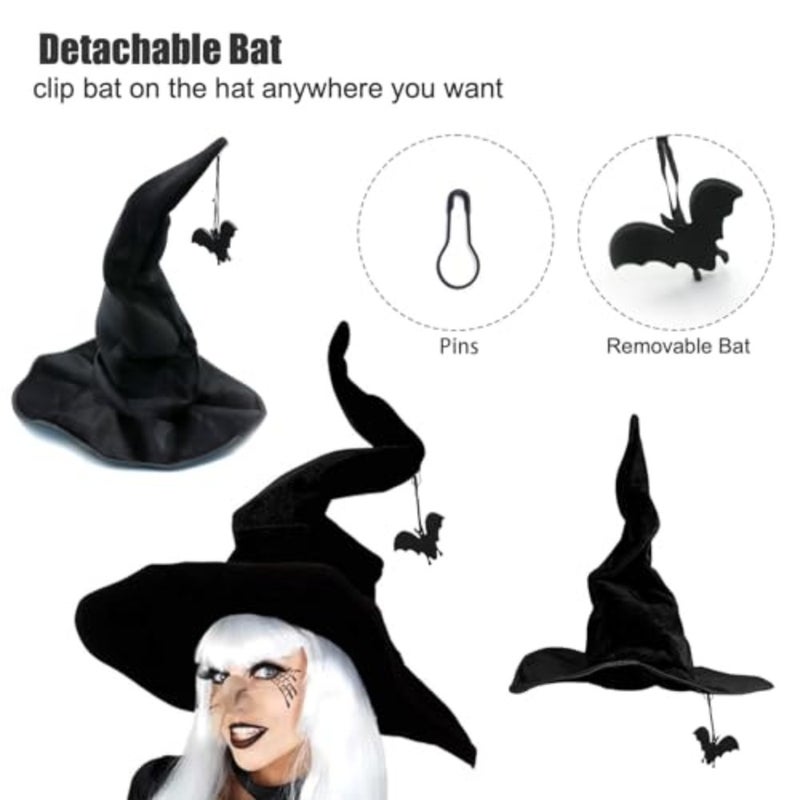 Halloween Witch Hat, Black Detachable Bat Witchs Hats, Wide Brim Pleated Witchs Hats for Women Halloween Party Adult - Image 3