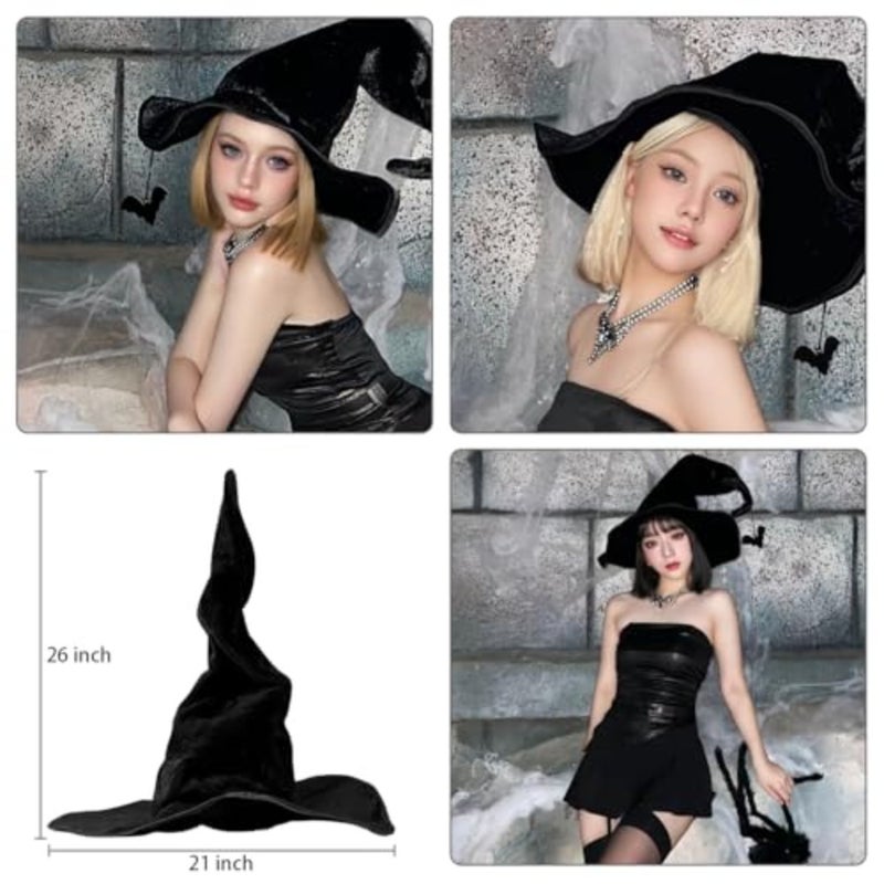 Halloween Witch Hat, Black Detachable Bat Witchs Hats, Wide Brim Pleated Witchs Hats for Women Halloween Party Adult - Image 5