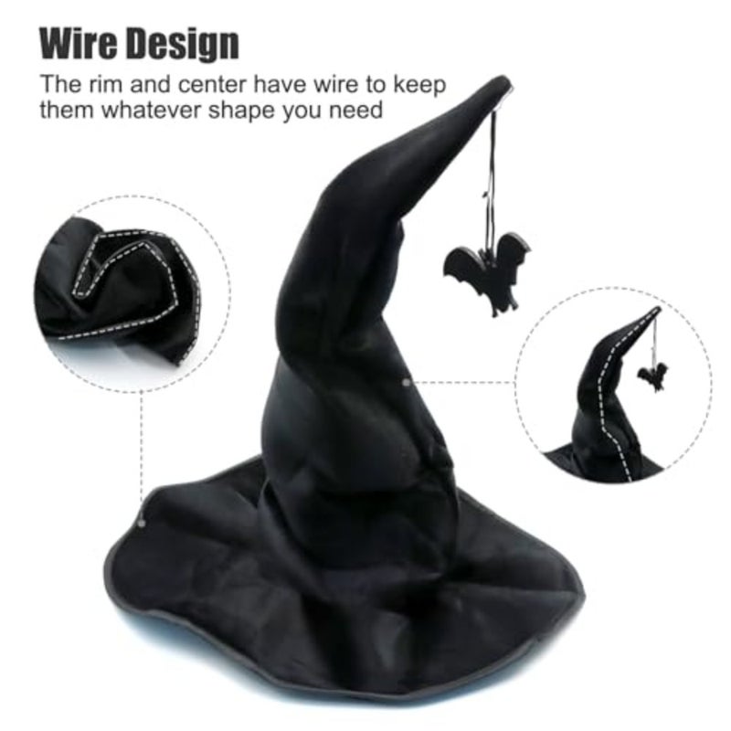 Halloween Witch Hat, Black Detachable Bat Witchs Hats, Wide Brim Pleated Witchs Hats for Women Halloween Party Adult - Image 2