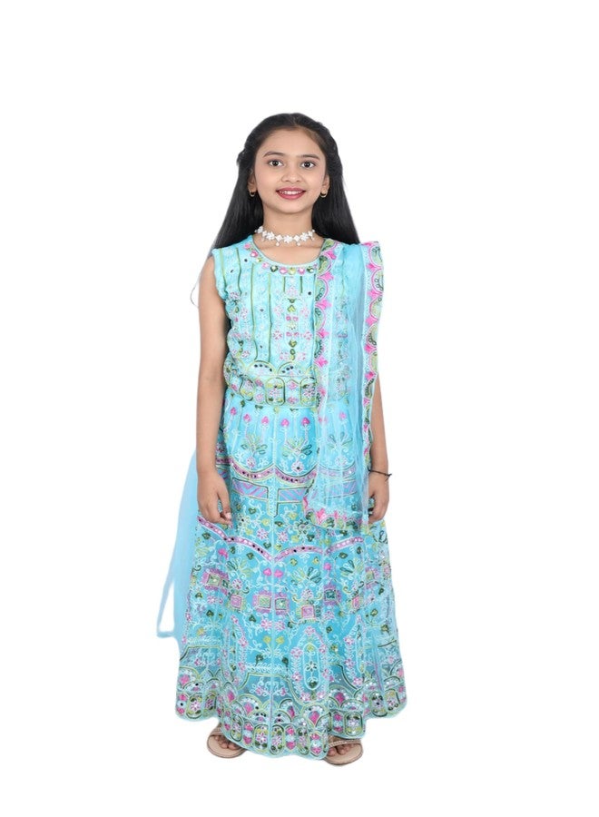 Bhakti Basket Girls Floral Embroidered Lehenga Choli Set, Traditional Ethnic Wear, Turquoise Blue with Pink - Image 1