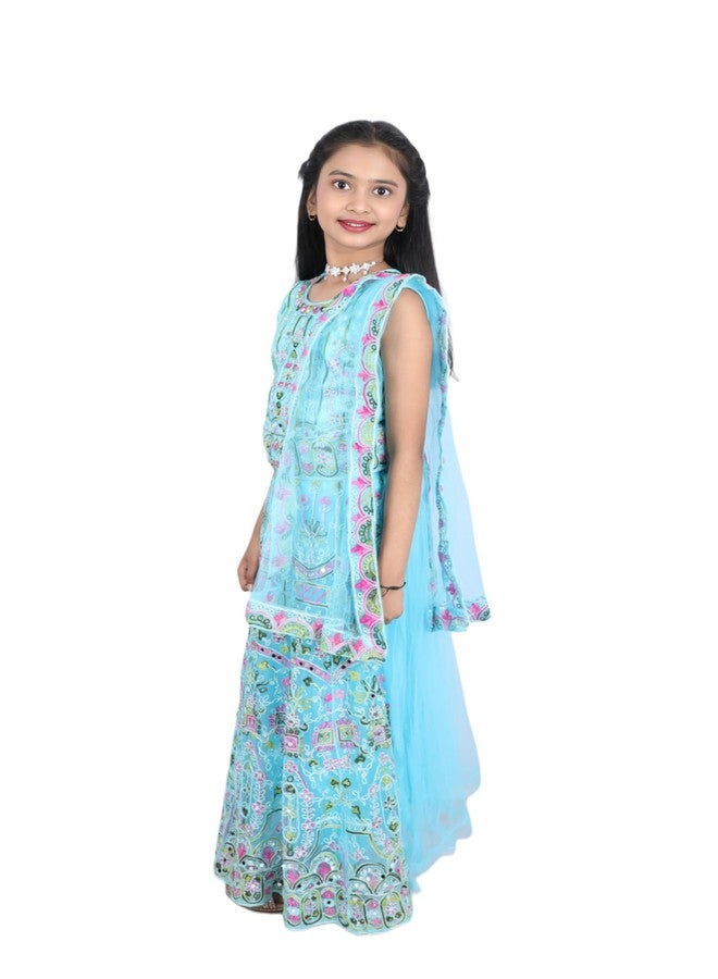Bhakti Basket Girls Floral Embroidered Lehenga Choli Set, Traditional Ethnic Wear, Turquoise Blue with Pink - Image 4