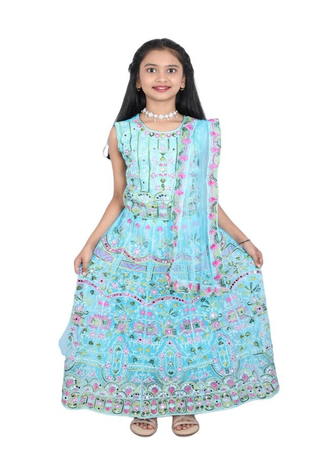 Bhakti Basket Girls Floral Embroidered Lehenga Choli Set, Traditional Ethnic Wear, Turquoise Blue with Pink - Image 3