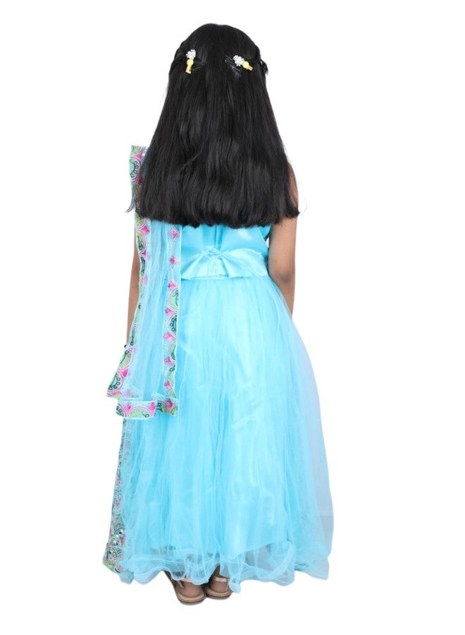 Bhakti Basket Girls Floral Embroidered Lehenga Choli Set, Traditional Ethnic Wear, Turquoise Blue with Pink - Image 5