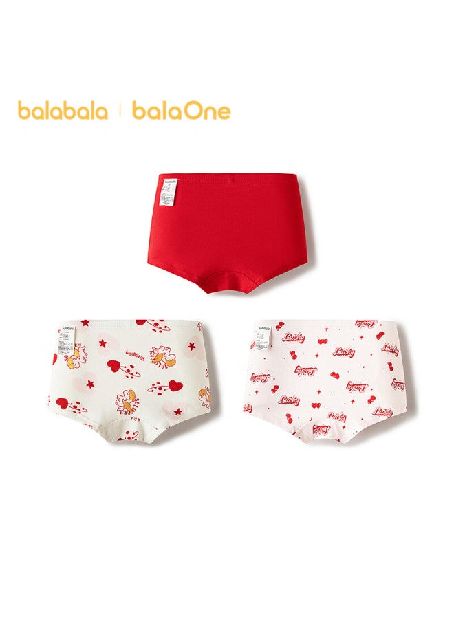 Balabala Kids Girls Antibacterial Breathable Cotton Boxer Briefs 3-pack Red New Year Edition - Image 1