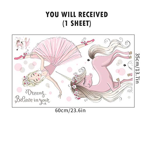 ROFARSO Colorful Cute Lovely Wall Stickers for Kids Peel and Stick Removable Wall Decals DIY Decorations Decor for Nursery Baby Girls Bedroom Playroom Living Room (Ballet Girl with Unicorn) - Image 5