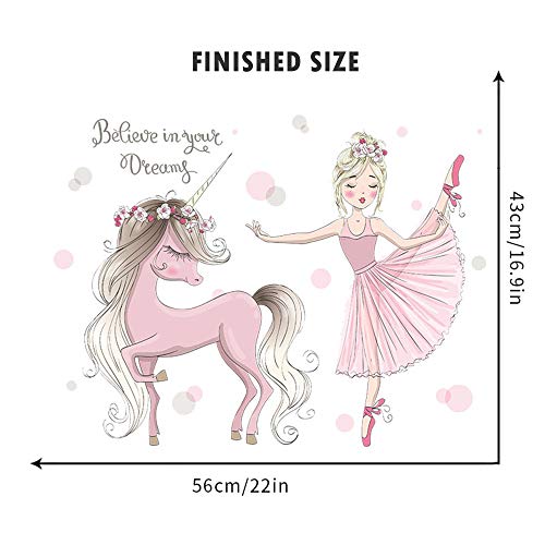 ROFARSO Colorful Cute Lovely Wall Stickers for Kids Peel and Stick Removable Wall Decals DIY Decorations Decor for Nursery Baby Girls Bedroom Playroom Living Room (Ballet Girl with Unicorn) - Image 4