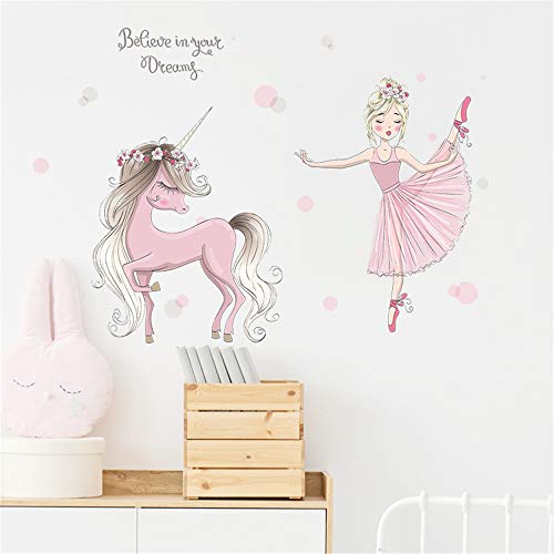 ROFARSO Colorful Cute Lovely Wall Stickers for Kids Peel and Stick Removable Wall Decals DIY Decorations Decor for Nursery Baby Girls Bedroom Playroom Living Room (Ballet Girl with Unicorn) - Image 3