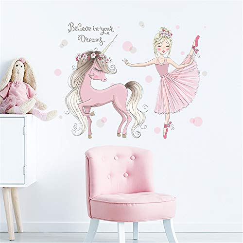 ROFARSO Colorful Cute Lovely Wall Stickers for Kids Peel and Stick Removable Wall Decals DIY Decorations Decor for Nursery Baby Girls Bedroom Playroom Living Room (Ballet Girl with Unicorn) - Image 2