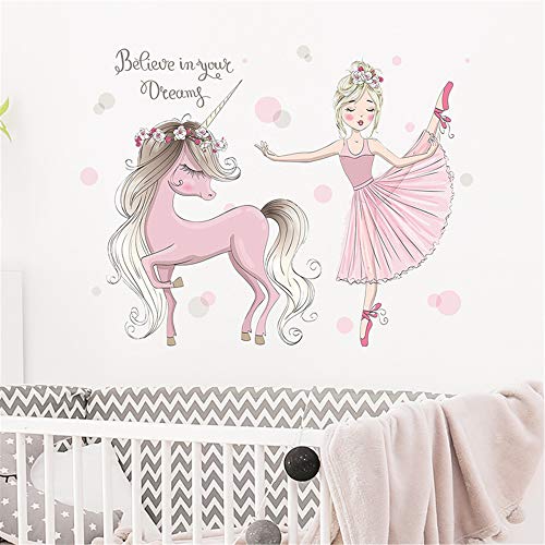 ROFARSO Colorful Cute Lovely Wall Stickers for Kids Peel and Stick Removable Wall Decals DIY Decorations Decor for Nursery Baby Girls Bedroom Playroom Living Room (Ballet Girl with Unicorn) - Image 1