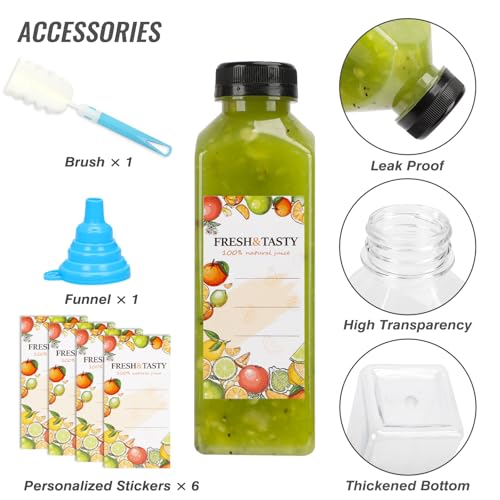TOMNK 6pcs Juice Bottles, 16oz Reusable Plastic Juice Bottles with Caps and Labels, Funnel, Brush Beverage Containers for Juicing, Smoothies, Tea, Milk - Image 3