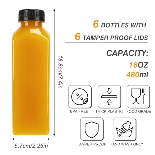 TOMNK 6pcs Juice Bottles, 16oz Reusable Plastic Juice Bottles with Caps and Labels, Funnel, Brush Beverage Containers for Juicing, Smoothies, Tea, Milk - Image 2