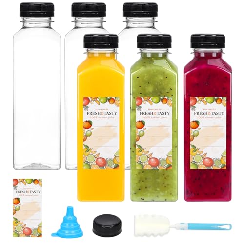 TOMNK 6pcs Juice Bottles, 16oz Reusable Plastic Juice Bottles with Caps and Labels, Funnel, Brush Beverage Containers for Juicing, Smoothies, Tea, Milk - Image 1