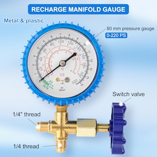 Tigbear R410A Manifold Gauge, Air Conditioning Refrigerant Recharge Pressure Gauge, 1/4 Refrigerant Manifold Freon Gauges for R410A R22 R134A R404A 220 PSI - Image 2