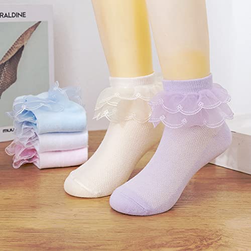 Looching 5 Pairs Baby Toddler Girls Lace Socks Ruffle Cotton White Princess Eyelet Frilly Ankle Dress Socks for Little Kids 1-12Years - Image 2