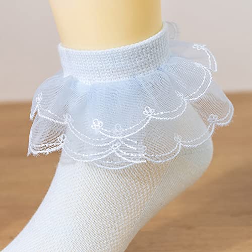 Looching 5 Pairs Baby Toddler Girls Lace Socks Ruffle Cotton White Princess Eyelet Frilly Ankle Dress Socks for Little Kids 1-12Years - Image 4