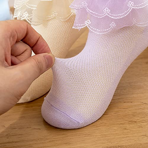 Looching 5 Pairs Baby Toddler Girls Lace Socks Ruffle Cotton White Princess Eyelet Frilly Ankle Dress Socks for Little Kids 1-12Years - Image 5