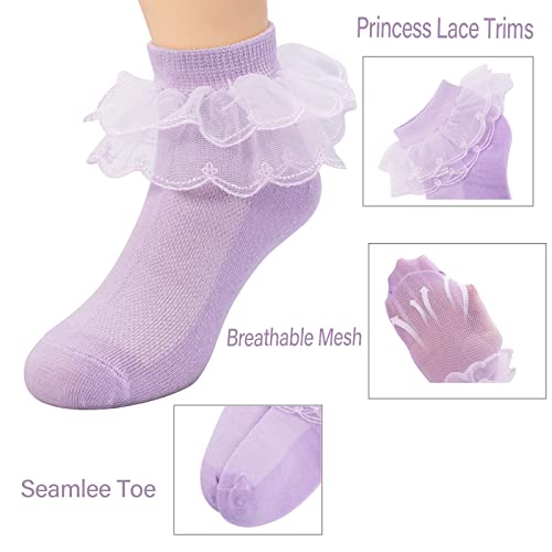 Looching 5 Pairs Baby Toddler Girls Lace Socks Ruffle Cotton White Princess Eyelet Frilly Ankle Dress Socks for Little Kids 1-12Years - Image 3