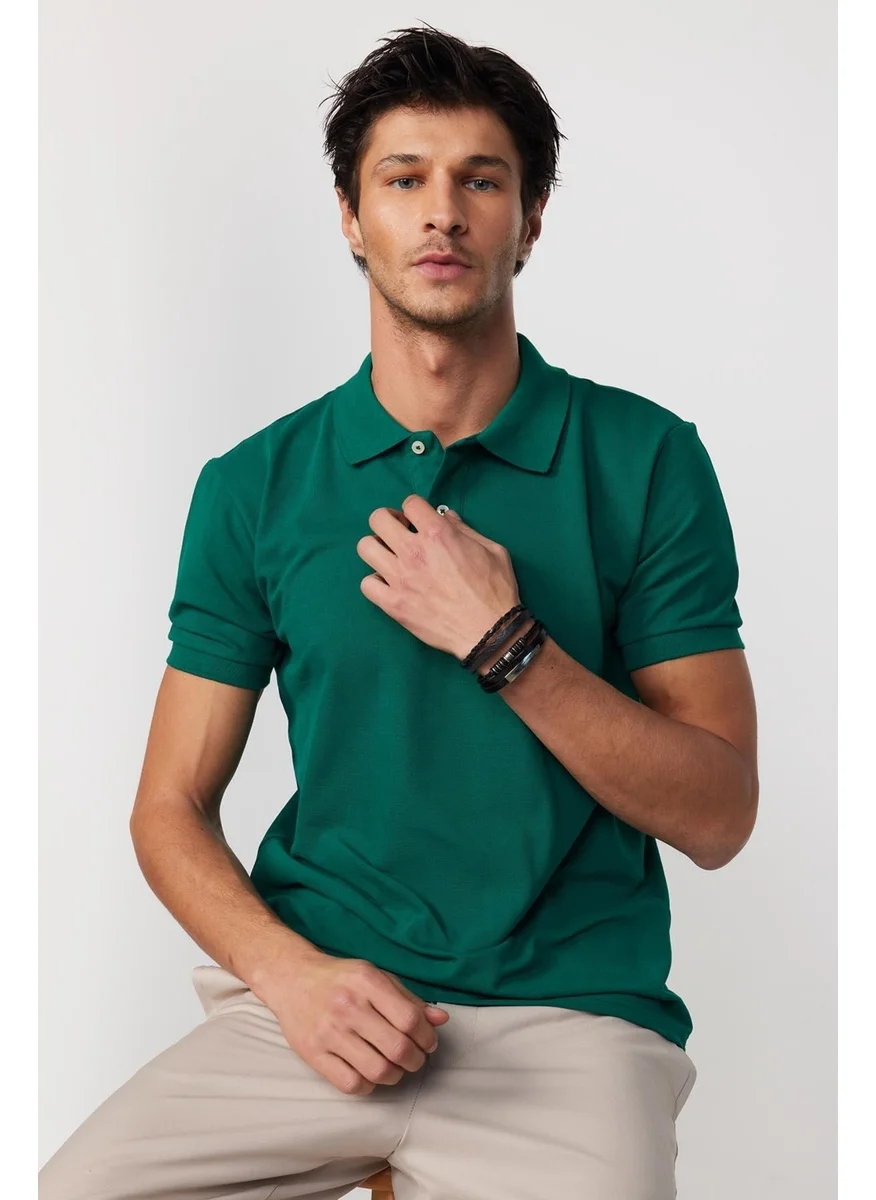 Tudors Men's Slim Fit Narrow Cut Cotton Plain Pique Green Polo Neck T-Shirt