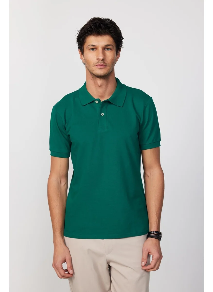 تودورس Men's Slim Fit Narrow Cut Cotton Plain Pique Green Polo Neck T-Shirt