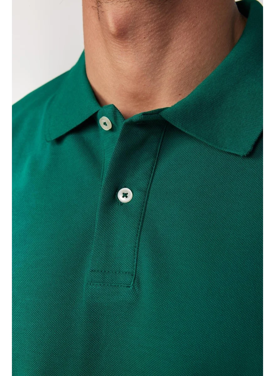 تودورس Men's Slim Fit Narrow Cut Cotton Plain Pique Green Polo Neck T-Shirt