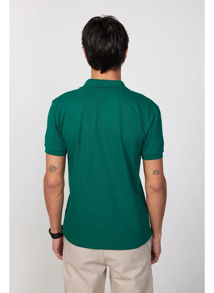 تودورس Men's Slim Fit Narrow Cut Cotton Plain Pique Green Polo Neck T-Shirt