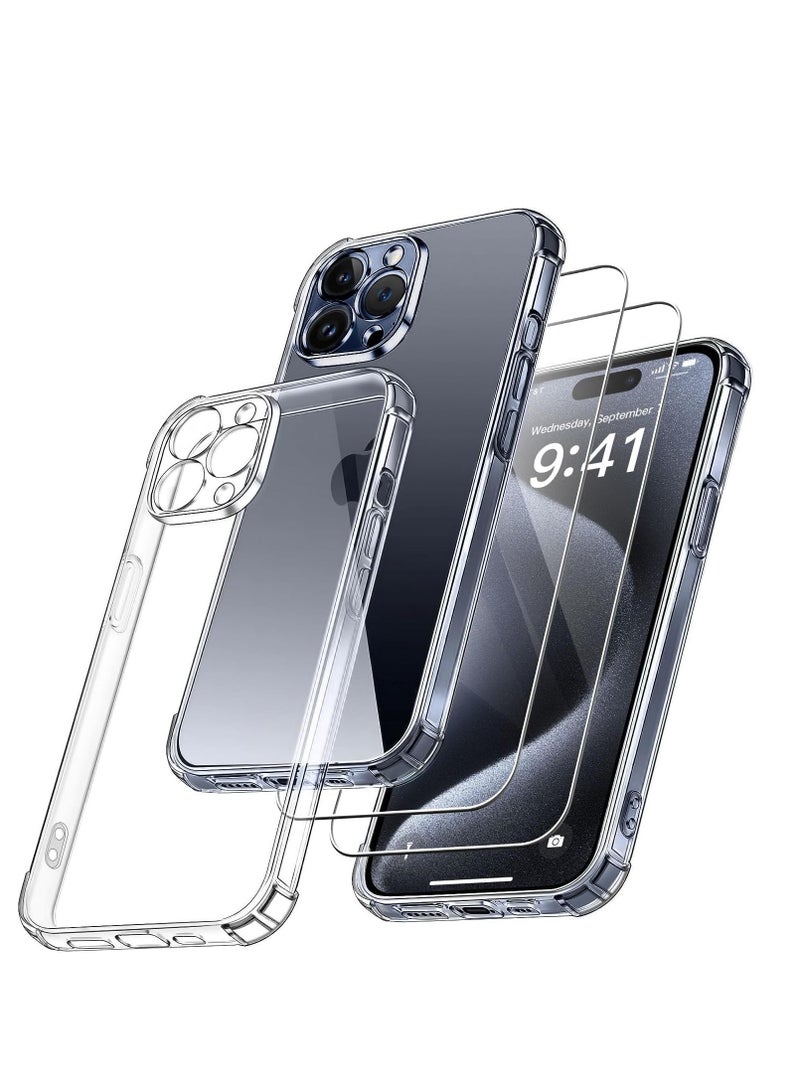 ELTRAZONE 3 in 1 Camera Cover Compatible with iPhone 15 Pro Max Case and 2 Pack Tempered Glass Screen Protector, Slim Soft TPU Shockproof Anti-Scratch iPhone 15 Pro Max Phone Case Cover Silicone Clear - Image 1