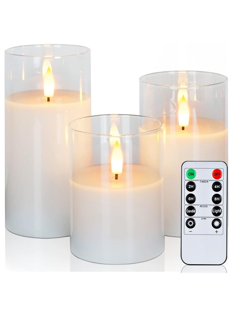 Zikra LED Flameless Candles, Clear Glass Flameless Candles with Timer, Remote Control, LED Pillar Candles, Pure White Wax, D3 H4 5" 6", Real Wax Candles Warm Color Flickering Light for Home Decor (3PCS) - Image 1