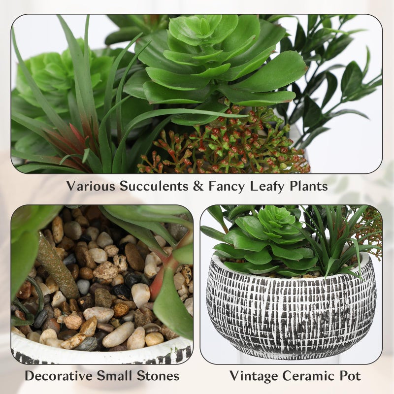 Villa Como 10â€ Large Succulents Plants Artificial in Ceramic Pots Potted Faux Succulent Arrangement with Black Bowl Pots Fake Desk Succulents Plants for Home Bathroom Shelf Table Indoor Decor - Image 3