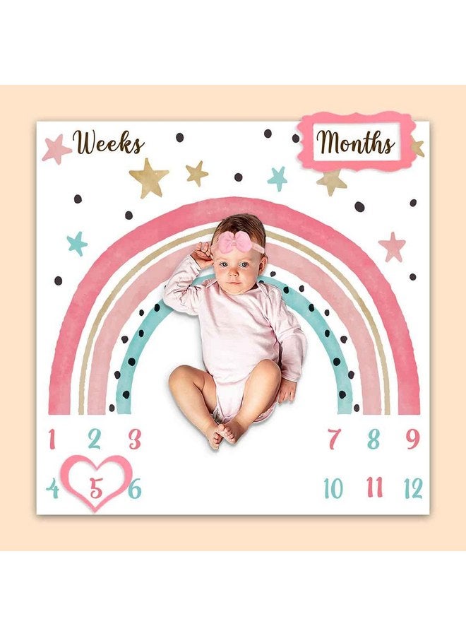 PHMOJEN PHMOJEN Colorful Rainbow Baby Monthly Milestone Blanket, Girl Crown Star Pattern, Newborns 1 to 12 Months Unisex Include 4 Frames and 1 Headband 47"x47" BTLSPH634  - Image 1