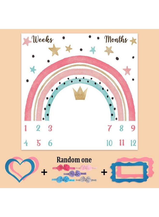 PHMOJEN PHMOJEN Colorful Rainbow Baby Monthly Milestone Blanket, Girl Crown Star Pattern, Newborns 1 to 12 Months Unisex Include 4 Frames and 1 Headband 47"x47" BTLSPH634  - Image 2