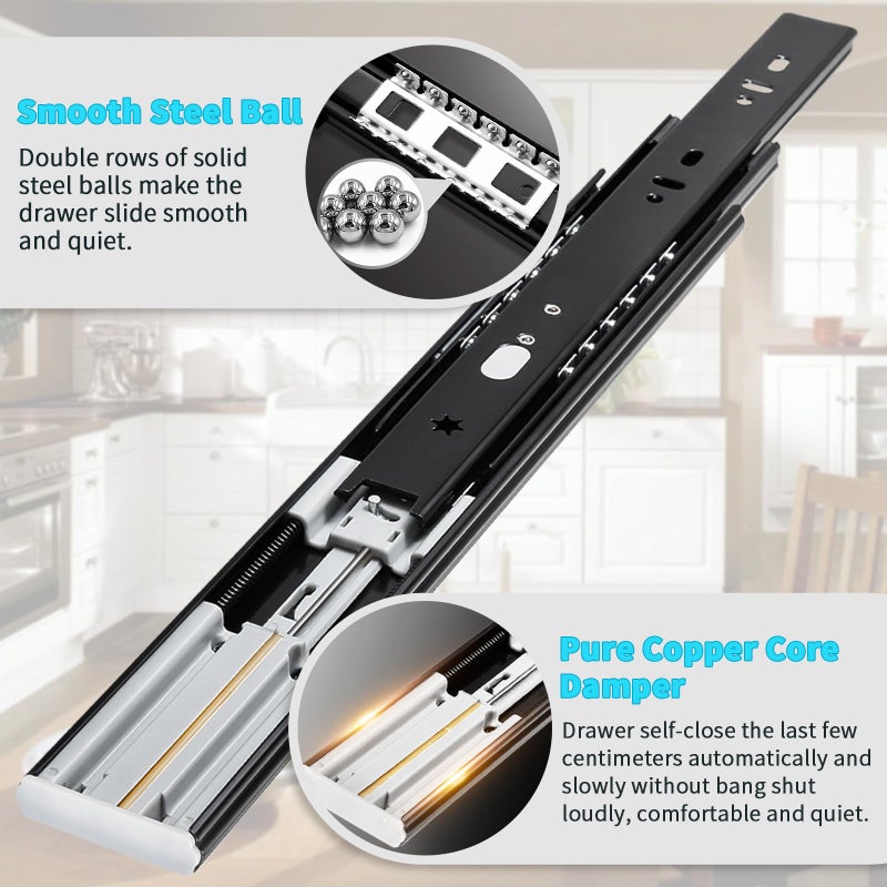 YENUO Soft Close Drawer Slides Full Extension Side Mount 12 14 16 18 20 22 24 inch Ball Bearing Metal Rails Track Guide Glides Runners Heavy Duty 100 Pound (Soft Close- 1 Pr, 12 Inch) - Image 3