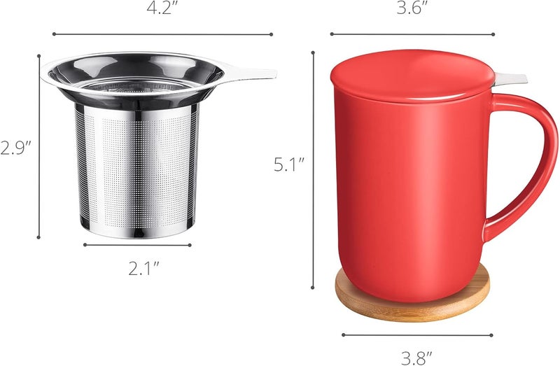 CEEFU Porcelain Tea Mug with Infuser and Lid, Teaware with Filter and Coaster, Loose Leaf Tea Cup Steeper Maker, 16 OZ for Tea Coffee Milk Women Office Home Gift (Red) - Image 2