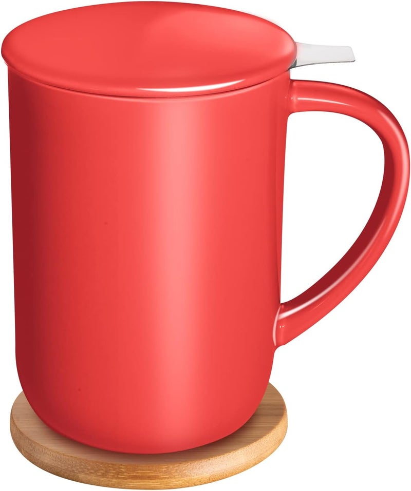 CEEFU Porcelain Tea Mug with Infuser and Lid, Teaware with Filter and Coaster, Loose Leaf Tea Cup Steeper Maker, 16 OZ for Tea Coffee Milk Women Office Home Gift (Red) - Image 1