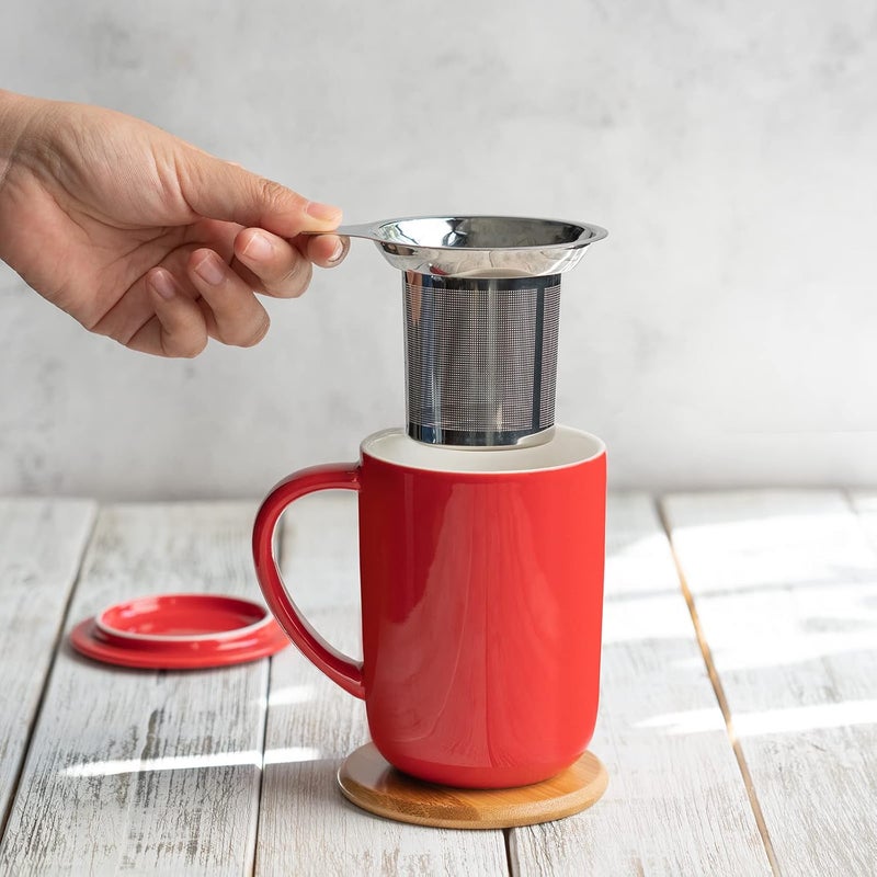 CEEFU Porcelain Tea Mug with Infuser and Lid, Teaware with Filter and Coaster, Loose Leaf Tea Cup Steeper Maker, 16 OZ for Tea Coffee Milk Women Office Home Gift (Red) - Image 4
