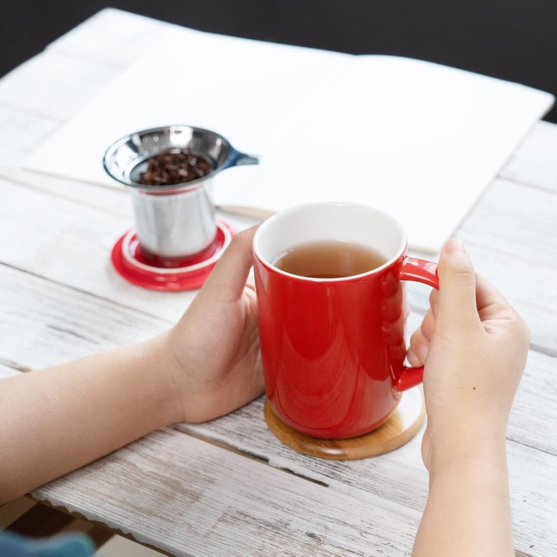 CEEFU Porcelain Tea Mug with Infuser and Lid, Teaware with Filter and Coaster, Loose Leaf Tea Cup Steeper Maker, 16 OZ for Tea Coffee Milk Women Office Home Gift (Red) - Image 5