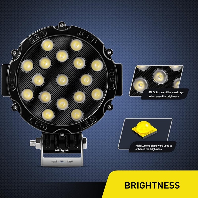 Nilight - 15023FB-B Led Light Bar 2PCS 7" 51w 5100LM Black Round Flood Light Pod Off Road Fog Driving Roof Bar Bumper for Jeep,SUV Truck, Hunters, 2 years Warranty - Image 2