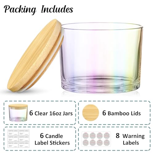 SUPMIND 16oz 3 Wick Candle Jars 6 Pack - Large Empty Iridescent Wide Mouth Glass Candle Making Jars with Bamboo Lids and Stickers and Labels, Bulk Candle Containers for Making Candles - Image 2