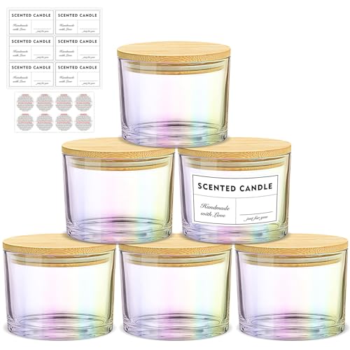 SUPMIND 16oz 3 Wick Candle Jars 6 Pack - Large Empty Iridescent Wide Mouth Glass Candle Making Jars with Bamboo Lids and Stickers and Labels, Bulk Candle Containers for Making Candles - Image 1