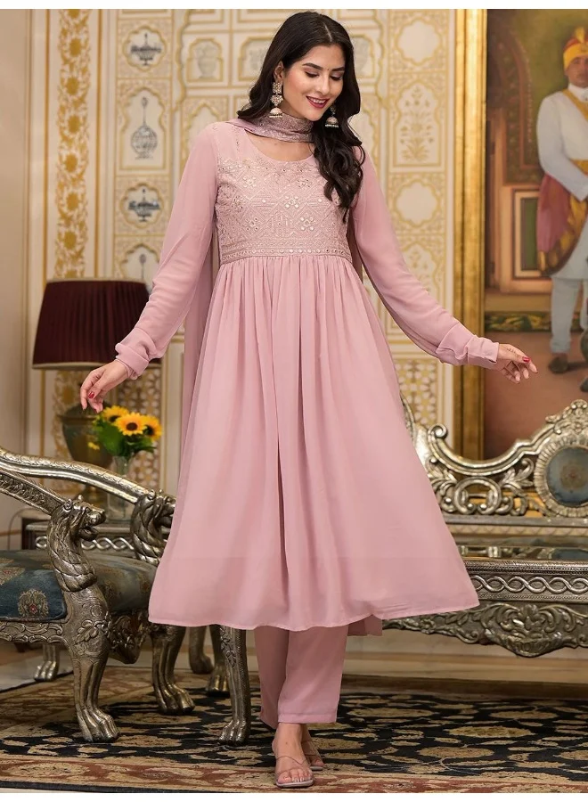 AKS AKS Couture Women Ethnic Motifs Yoke Design Pleated Mirror Work Kurta & Trousers & Dupatta