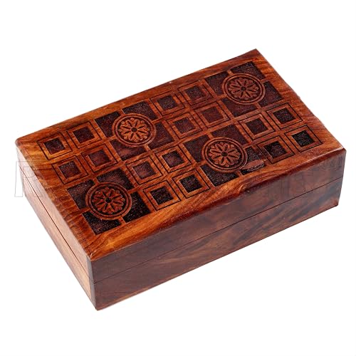 RGrandsons Handmade Wooden Keepsake Storage Box Jewelry Trinket Holder Organizer Floral Hand Carvings with Brass Inlay 8 inch (8.0x5.0 inch_RG0117) - Image 2